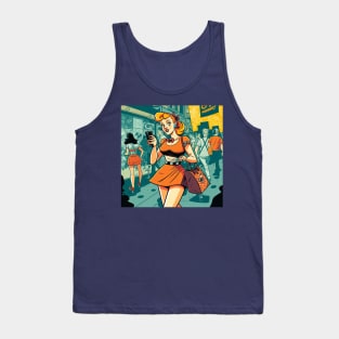 Abstract illustration of woman typing on mobile on the street Tank Top